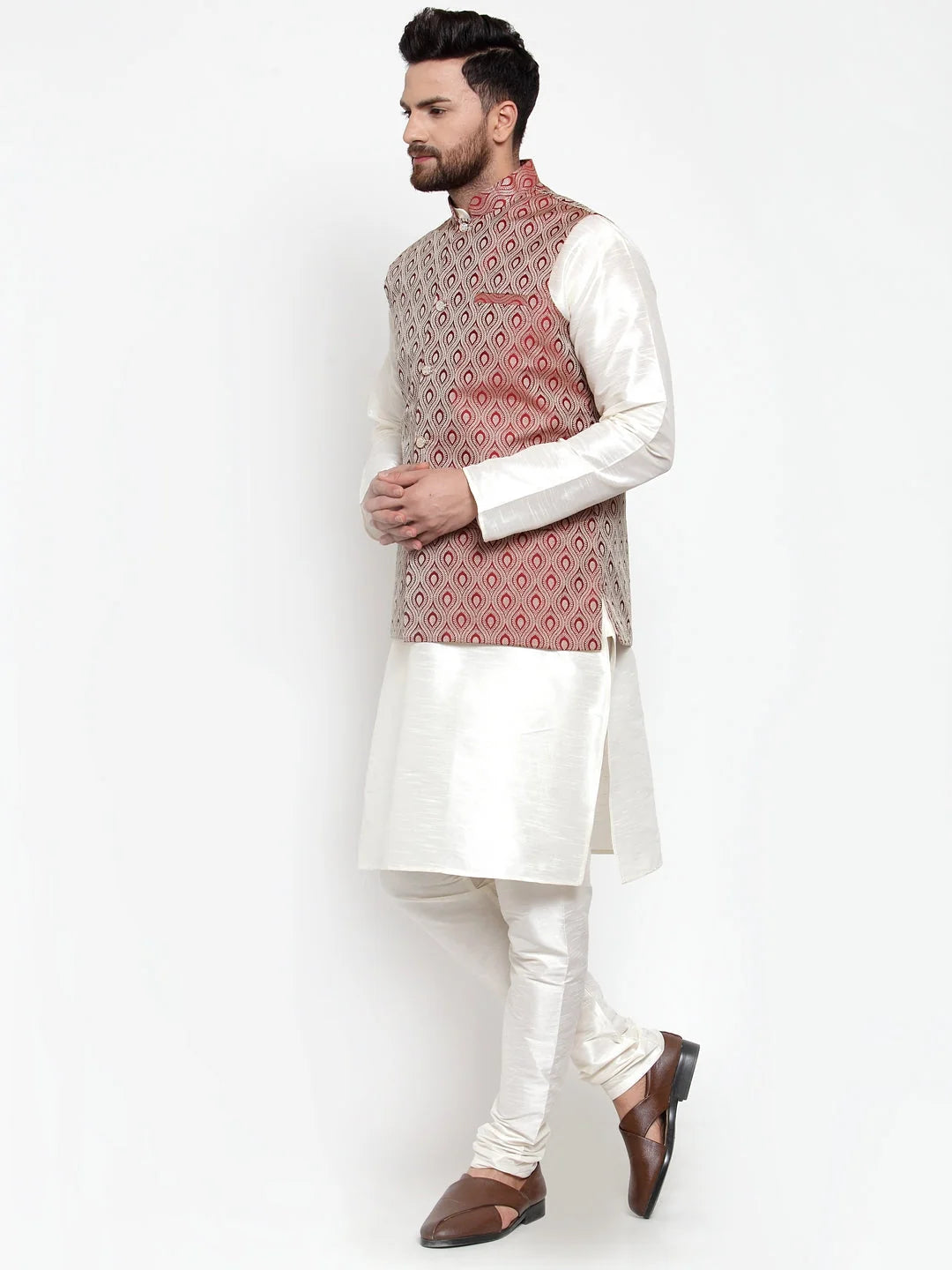 Men's Dupion Silk Kurta Pajama with Maroon Jacquard Waistcoat