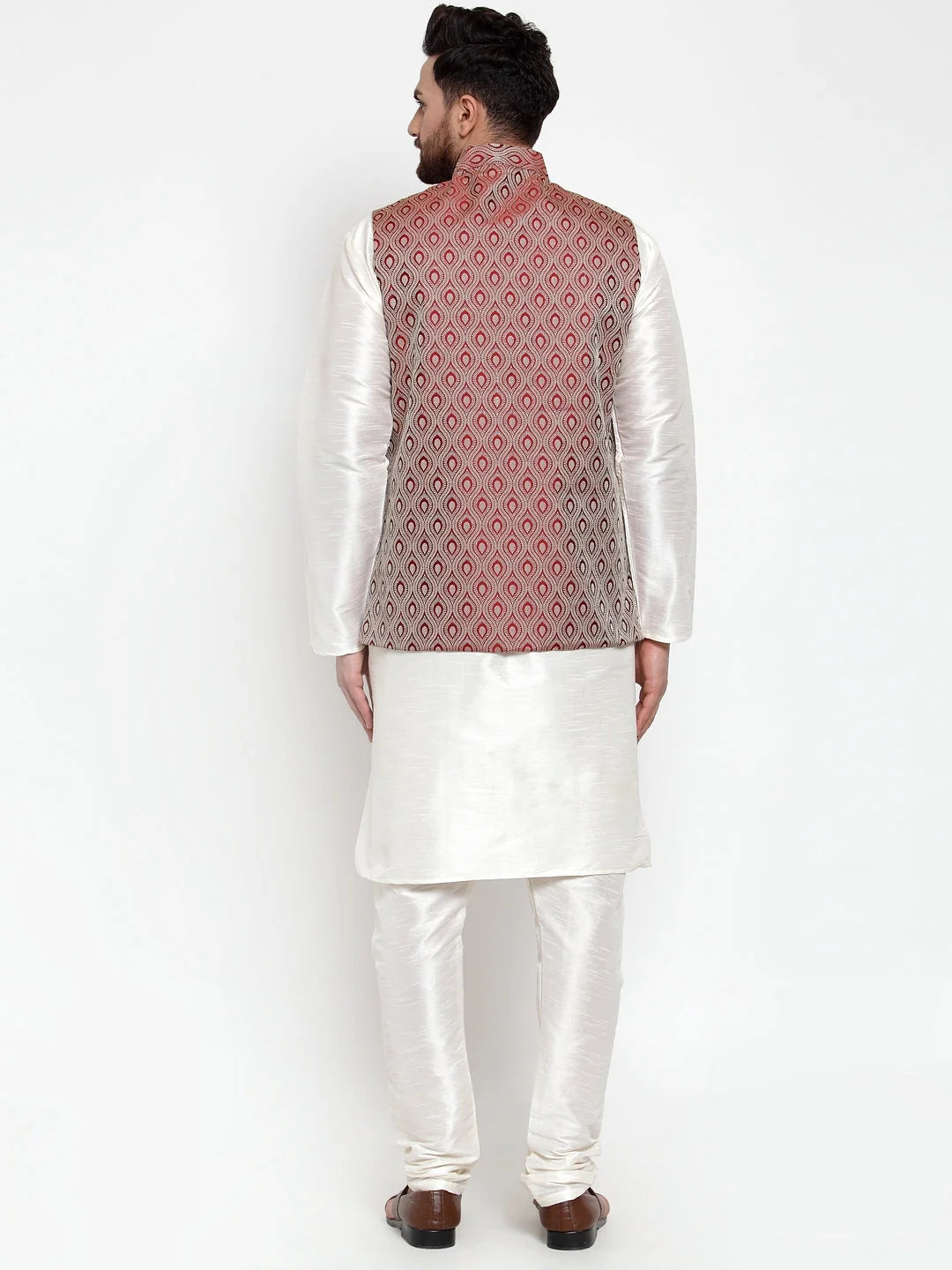 Men's Dupion Silk Kurta Pajama with Maroon Jacquard Waistcoat