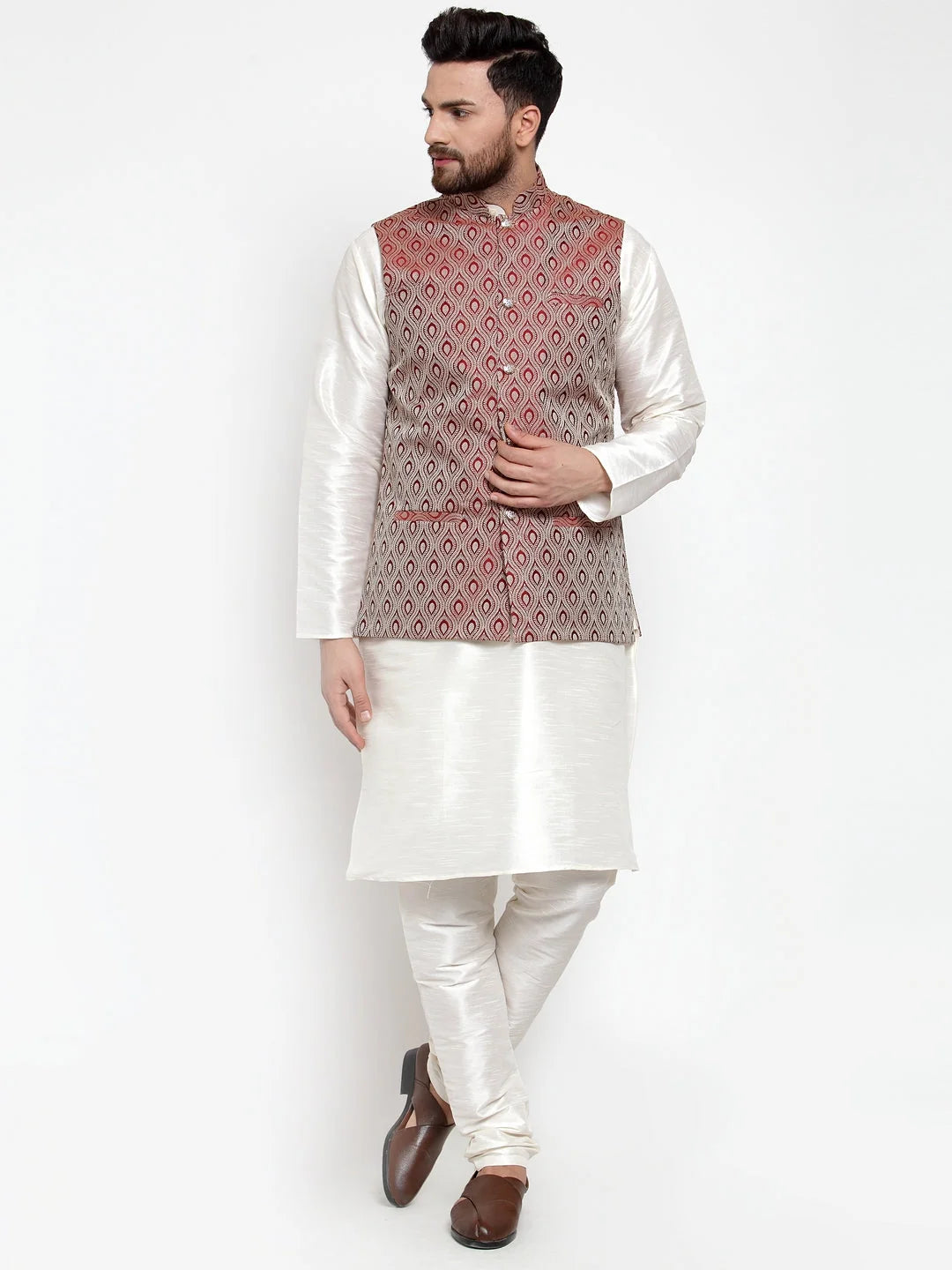 Men's Dupion Silk Kurta Pajama with Maroon Jacquard Waistcoat