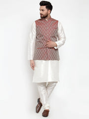 Men's Solid Dupion Kurta Pajama with Woven Jacquard Waistcoat
