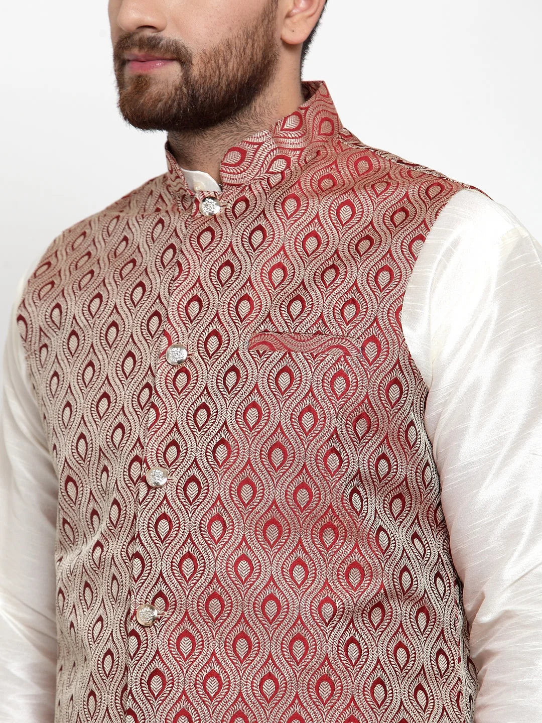 Men's Dupion Silk Kurta Pajama with Maroon Jacquard Waistcoat