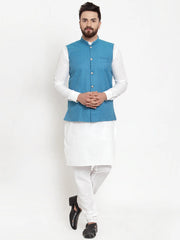 Men's Solid Cotton Kurta Pajama with Woven Jacquard Waistcoat