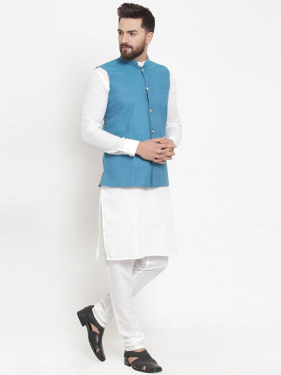 Men's Kurta Pajama Set: Cotton with Turquoise Jacquard Waistcoat