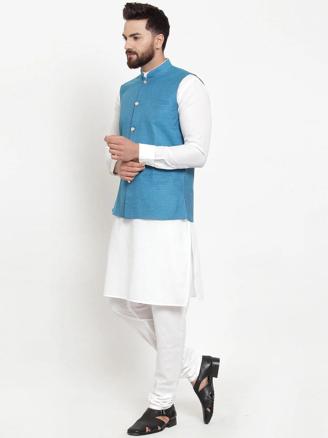 Men's Kurta Pajama Set: Cotton with Turquoise Jacquard Waistcoat