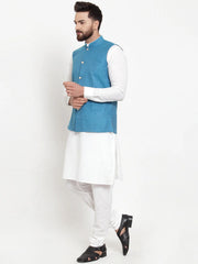 Men's Solid Cotton Kurta Pajama with Woven Jacquard Waistcoat