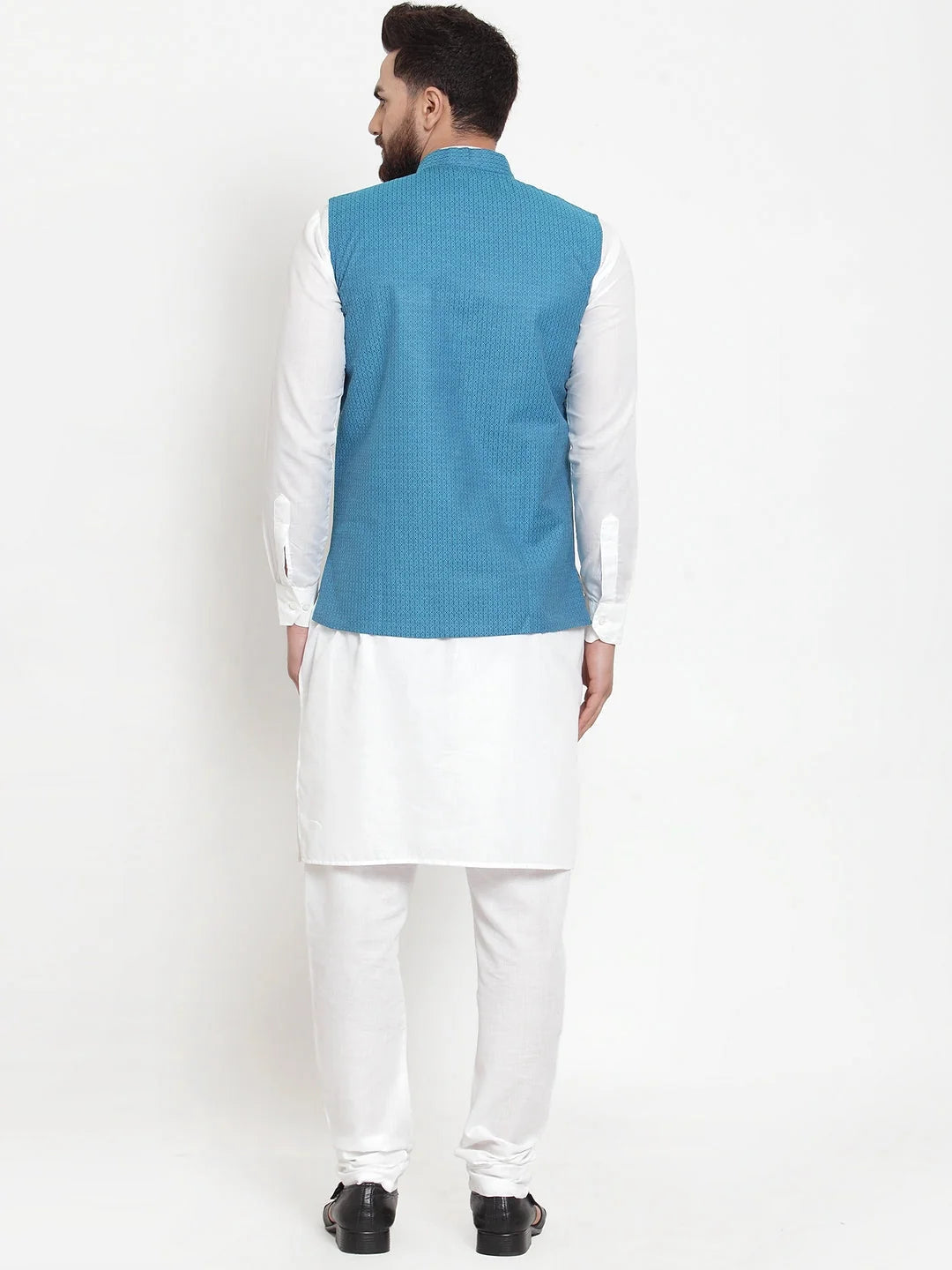 Men's Kurta Pajama Set: Cotton with Turquoise Jacquard Waistcoat