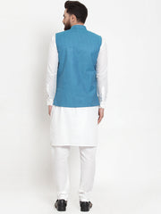 Men's Solid Cotton Kurta Pajama with Woven Jacquard Waistcoat