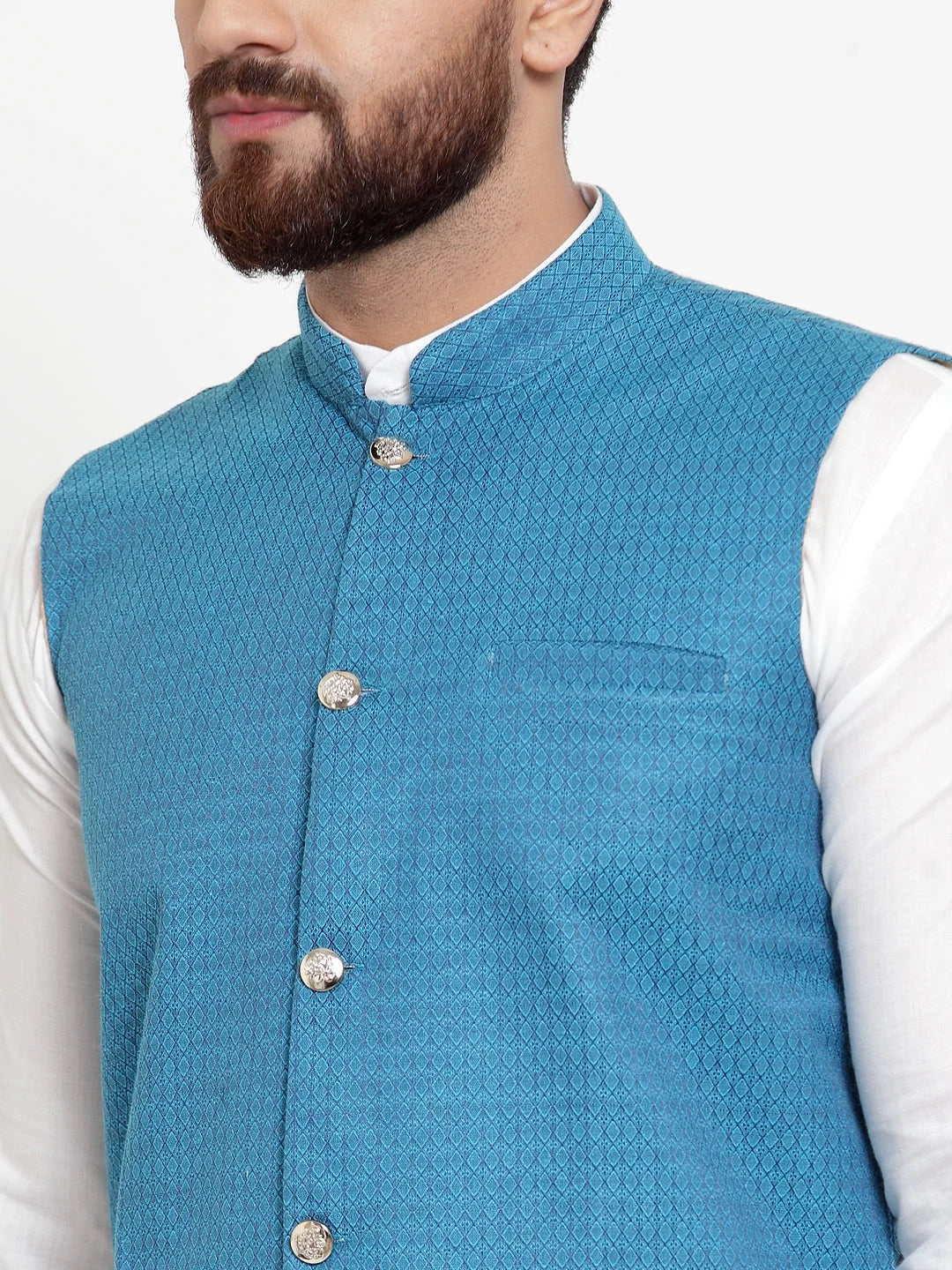 Men's Kurta Pajama Set: Cotton with Turquoise Jacquard Waistcoat