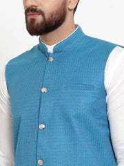 Men's Solid Cotton Kurta Pajama with Woven Jacquard Waistcoat