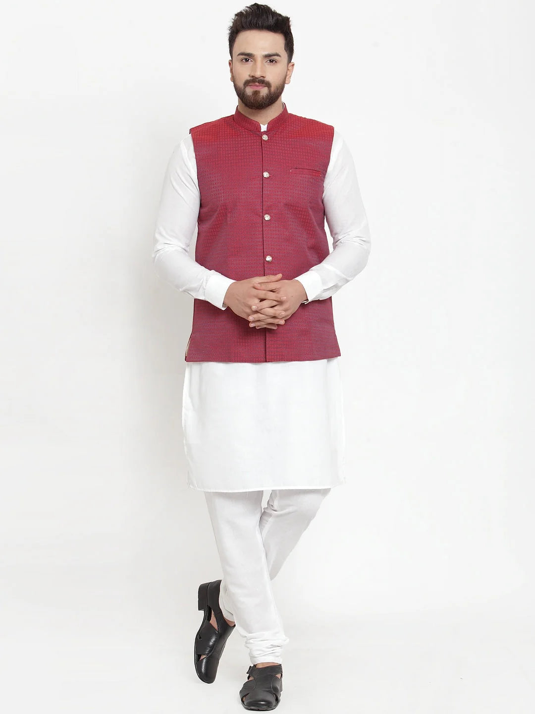 Men's Cotton Kurta Pajama with Maroon Woven Jacquard Design