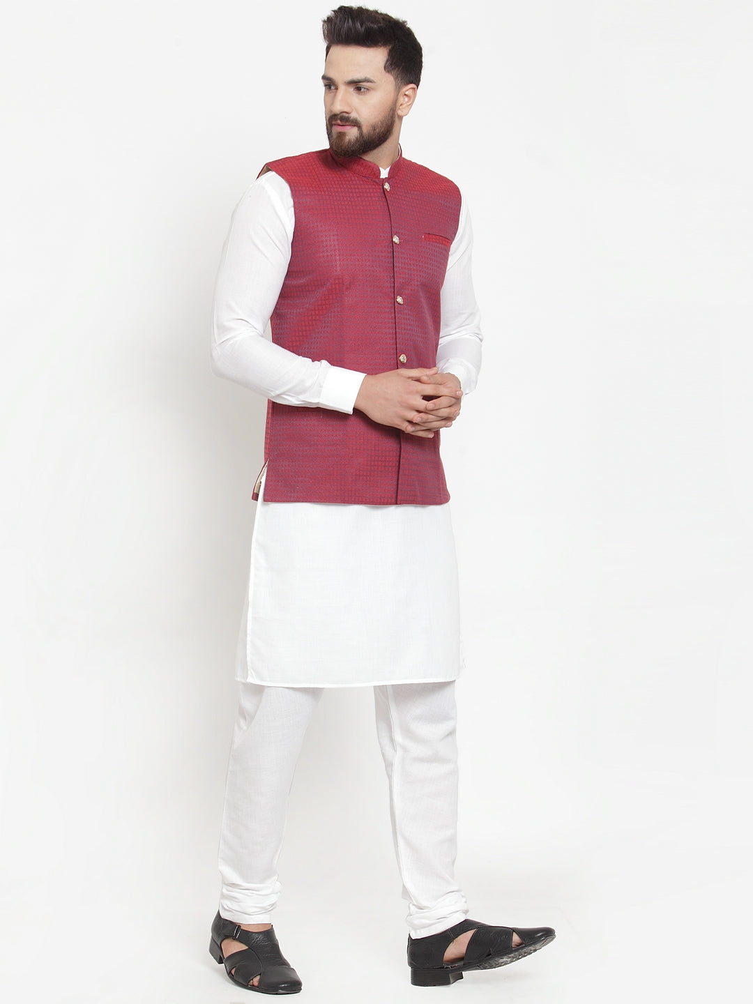 Men's Cotton Kurta Pajama with Maroon Woven Jacquard Design