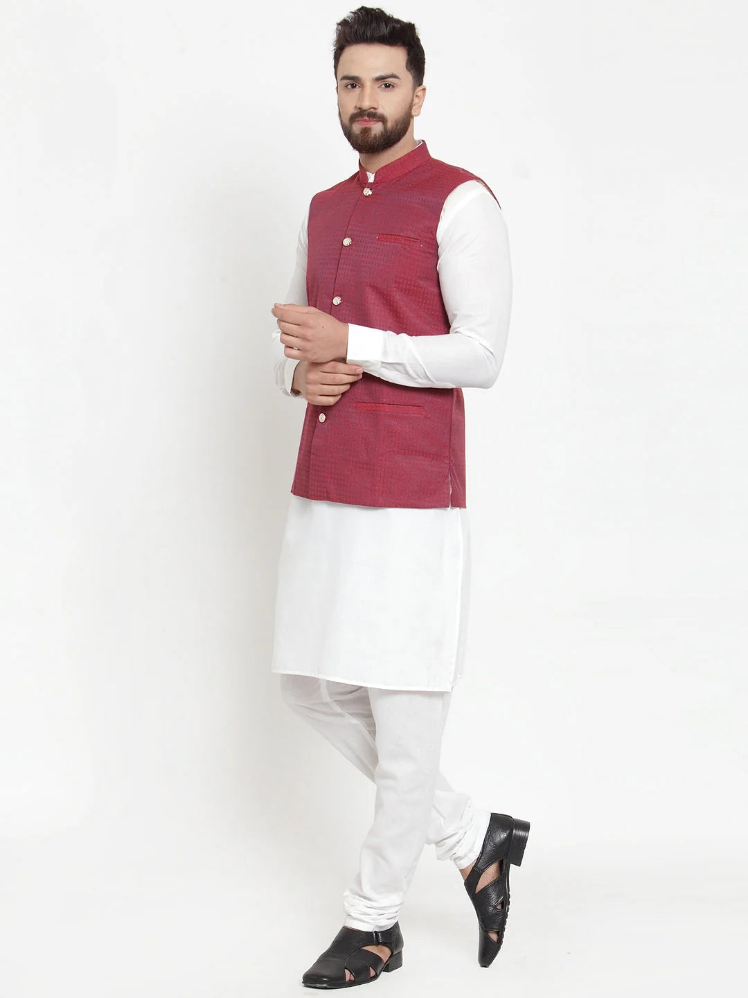 Men's Cotton Kurta Pajama with Maroon Woven Jacquard Design
