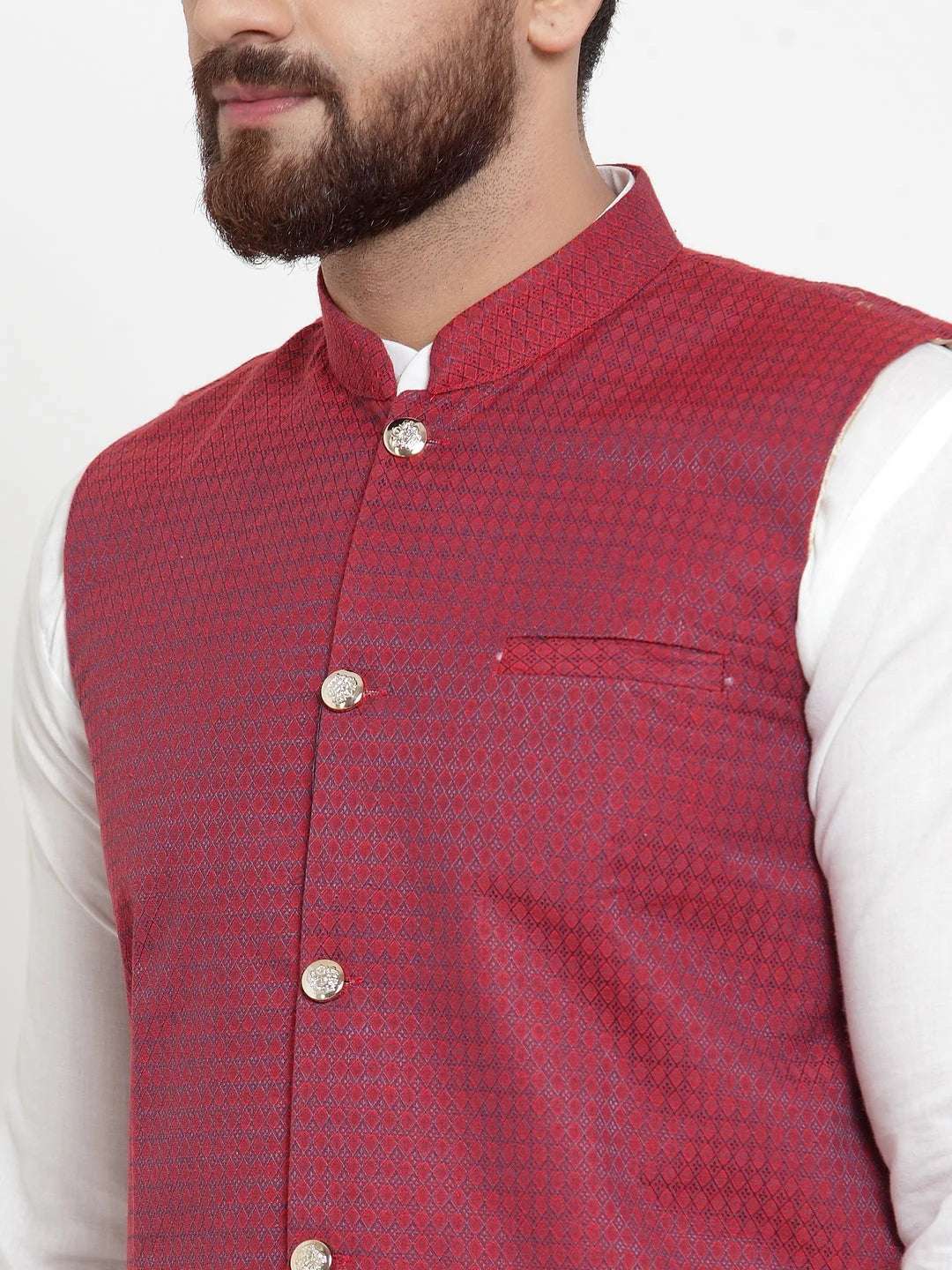 Men's Cotton Kurta Pajama with Maroon Woven Jacquard Design