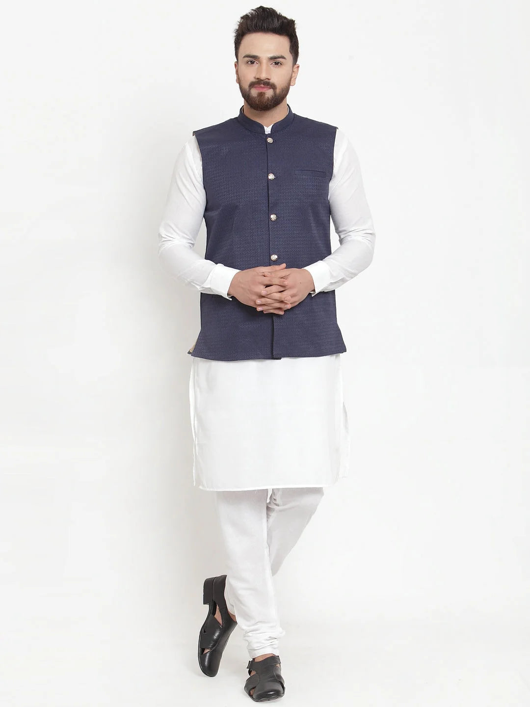 Cotton Kurta Pajama Set with Navy Jacquard Waistcoat for Men