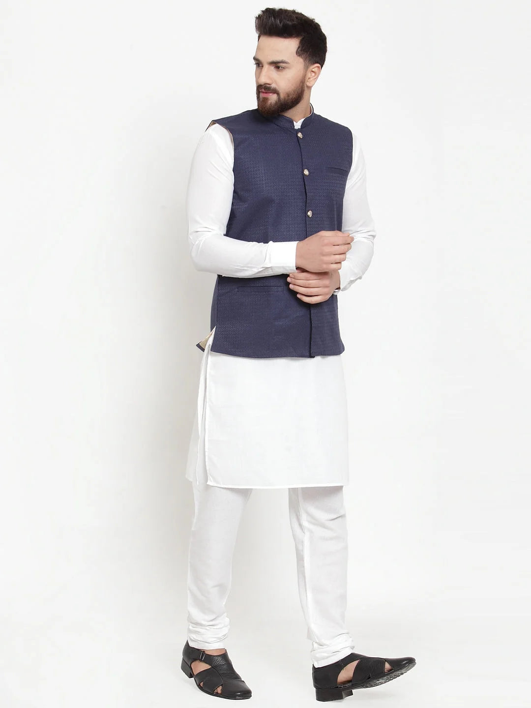 Cotton Kurta Pajama Set with Navy Jacquard Waistcoat for Men