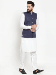 Men's Solid Cotton Kurta Pajama with Woven Jacquard Waistcoat-Styled