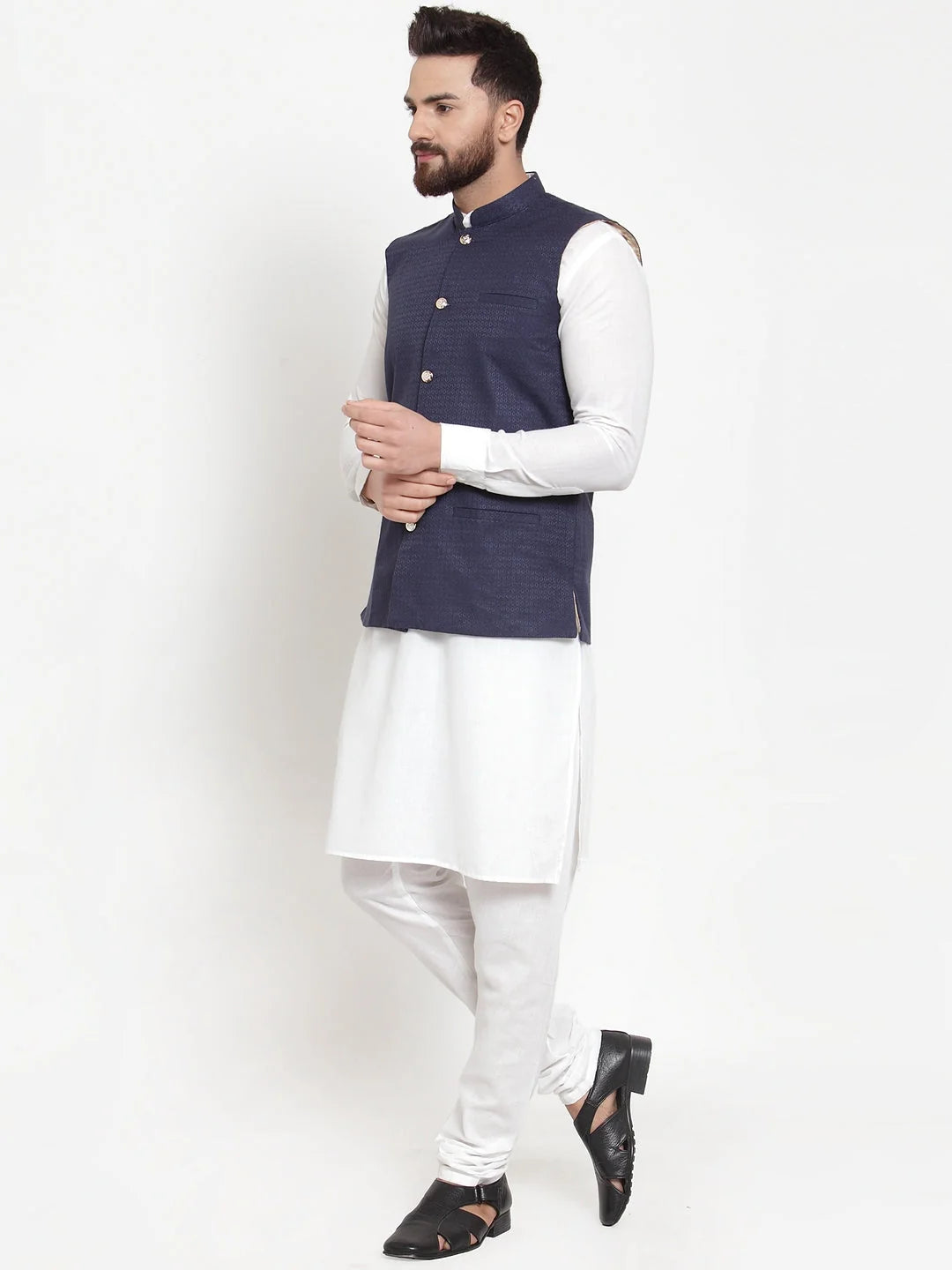 Cotton Kurta Pajama Set with Navy Jacquard Waistcoat for Men