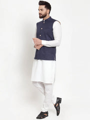 Men's Solid Cotton Kurta Pajama with Woven Jacquard Waistcoat-Styled