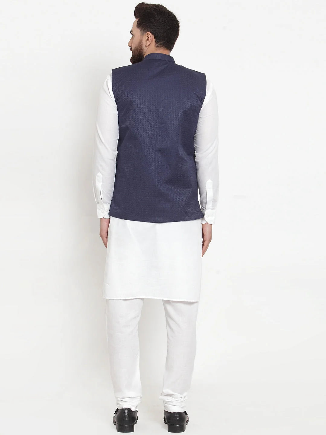 Cotton Kurta Pajama Set with Navy Jacquard Waistcoat for Men