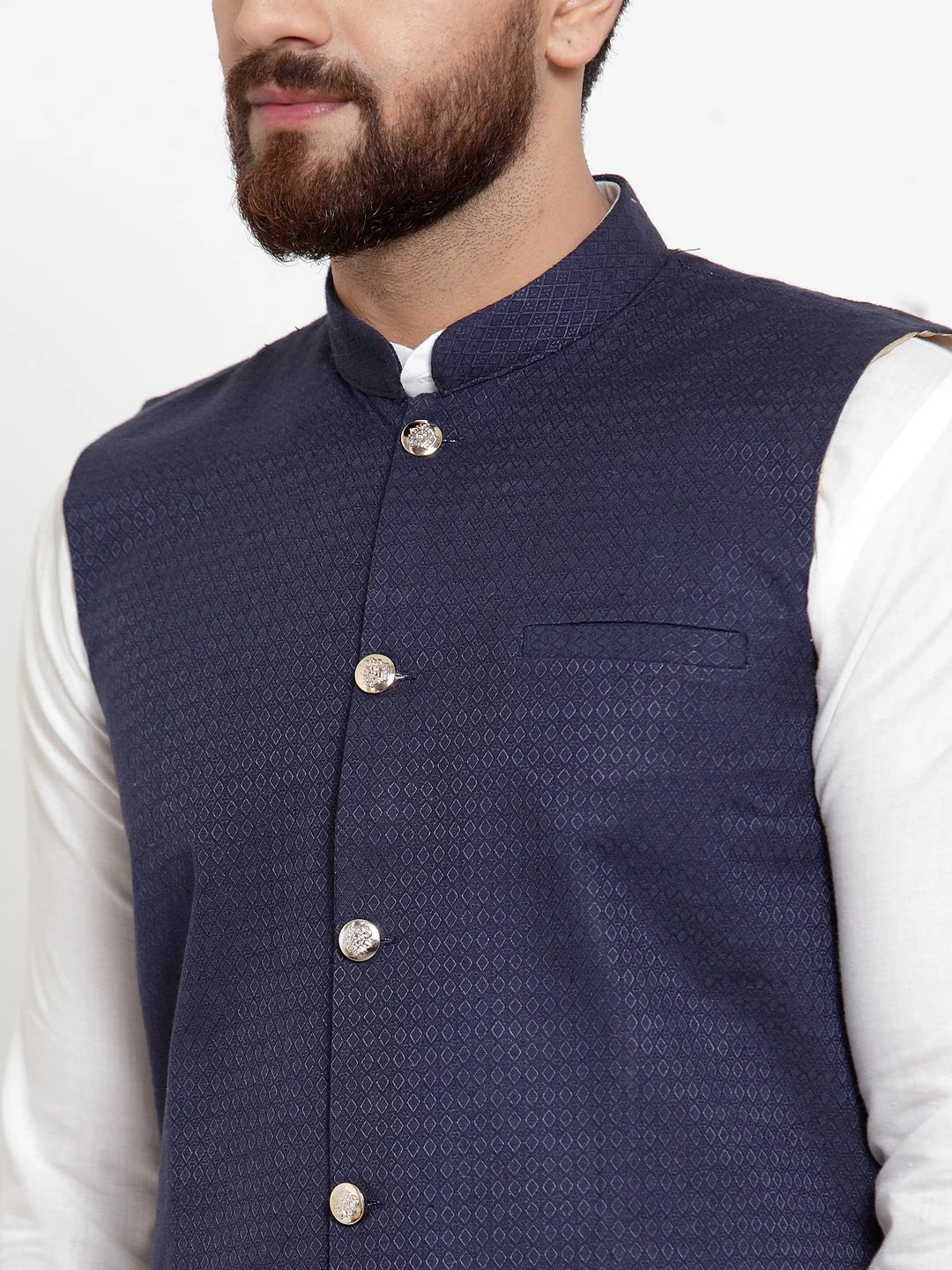 Cotton Kurta Pajama Set with Navy Jacquard Waistcoat for Men