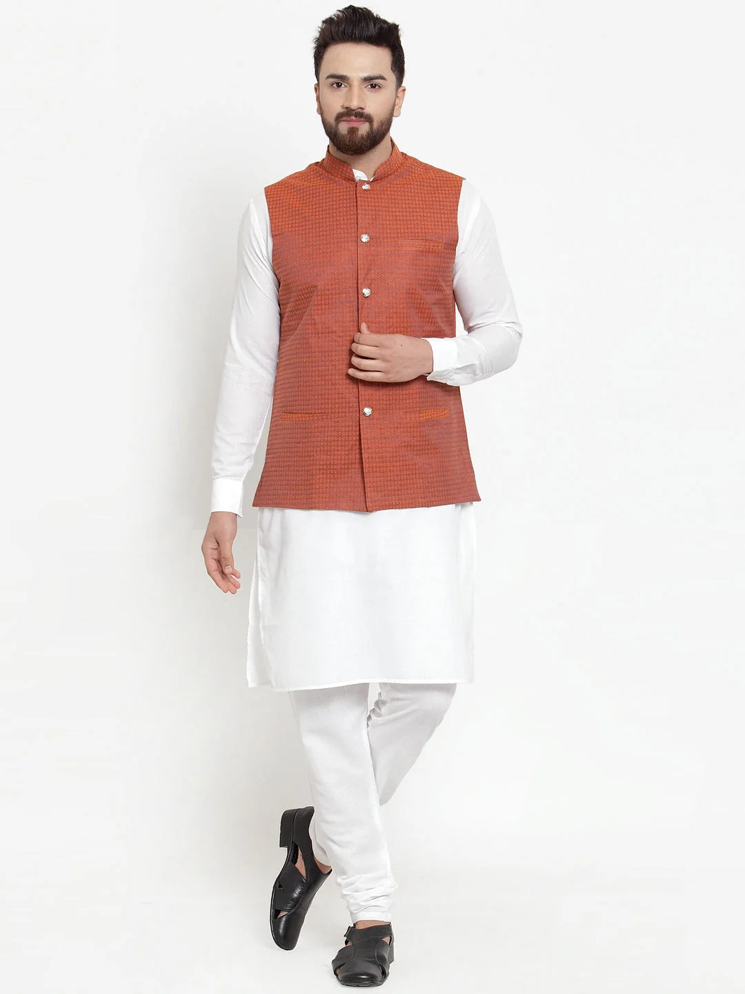 Men's Solid Cotton Kurta Pajama with Red Woven Jacquard Waistcoat
