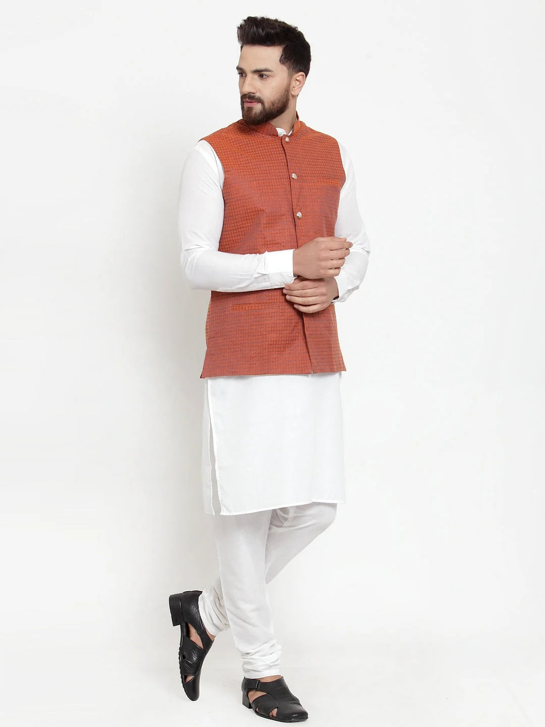 Men's Cotton Kurta Pajama Set with Red Woven Waistcoat
