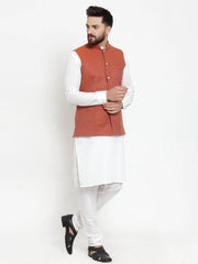 Men's Solid Cotton Kurta Pajama with Red Woven Jacquard Waistcoat