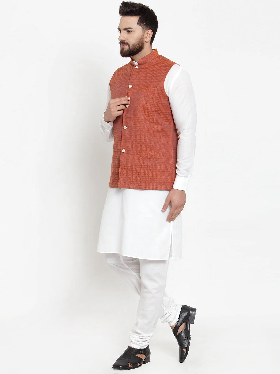 Men's Cotton Kurta Pajama Set with Red Woven Waistcoat