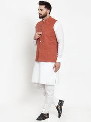Men's Solid Cotton Kurta Pajama with Red Woven Jacquard Waistcoat