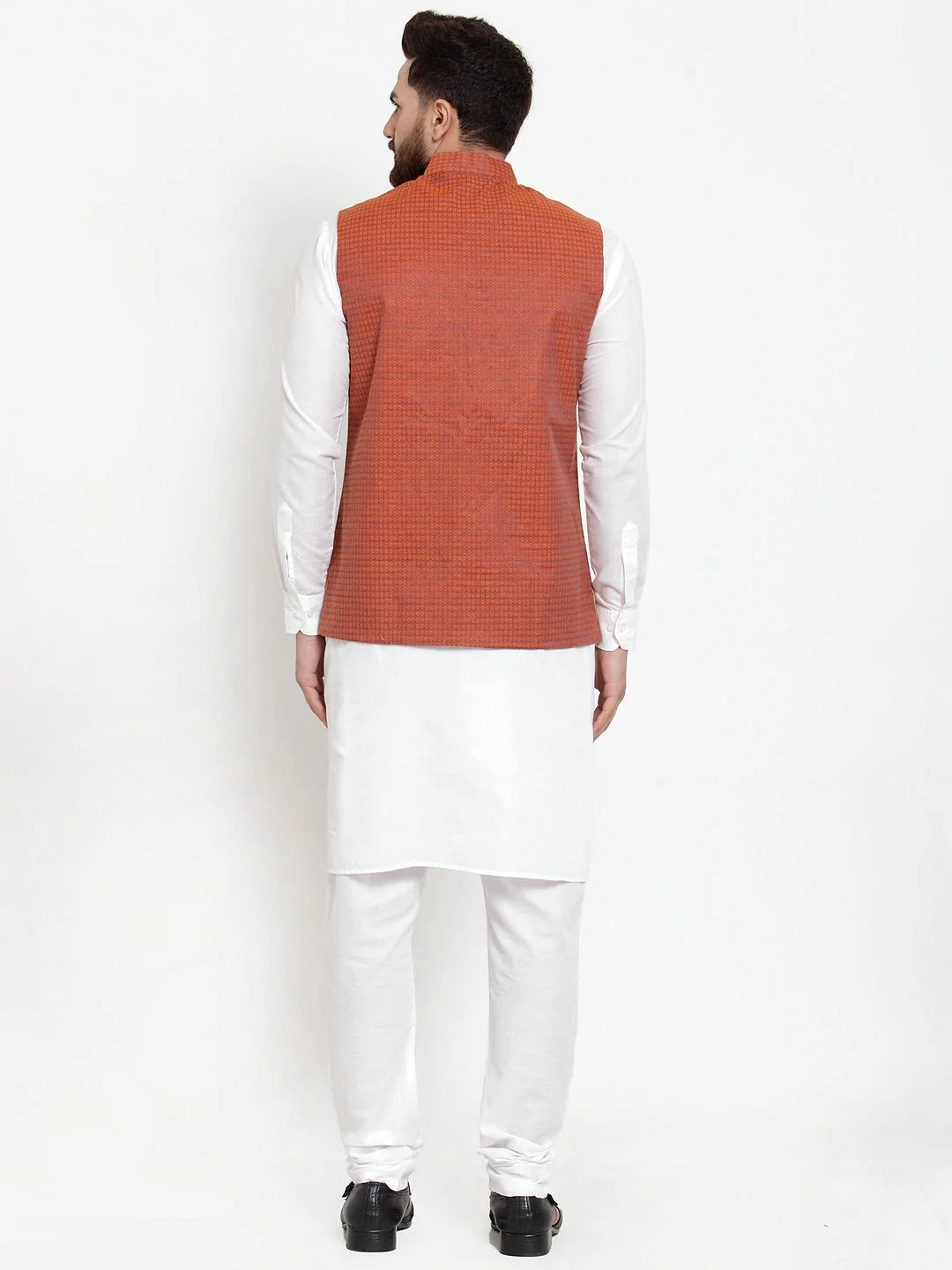 Men's Cotton Kurta Pajama Set with Red Woven Waistcoat