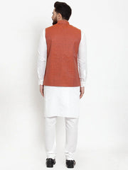 Men's Solid Cotton Kurta Pajama with Red Woven Jacquard Waistcoat