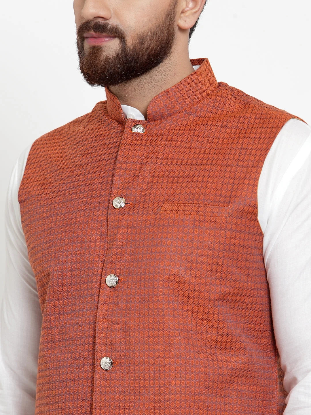 Men's Cotton Kurta Pajama Set with Red Woven Waistcoat