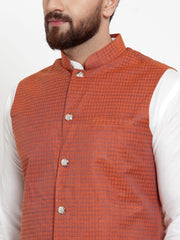 Men's Solid Cotton Kurta Pajama with Red Woven Jacquard Waistcoat