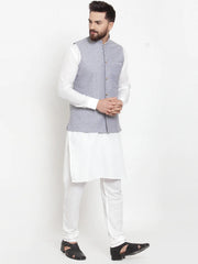 Men's Solid Cotton Kurta Styled Pajama with Woven Jacquard Waistcoat