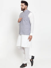 Men's Solid Cotton Kurta Styled Pajama with Woven Jacquard Waistcoat