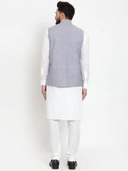 Men's Solid Cotton Kurta Styled Pajama with Woven Jacquard Waistcoat
