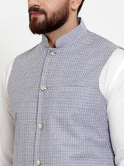 Men's Solid Cotton Kurta Styled Pajama with Woven Jacquard Waistcoat