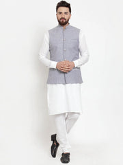 Men's Solid Cotton Kurta Styled Pajama with Woven Jacquard Waistcoat