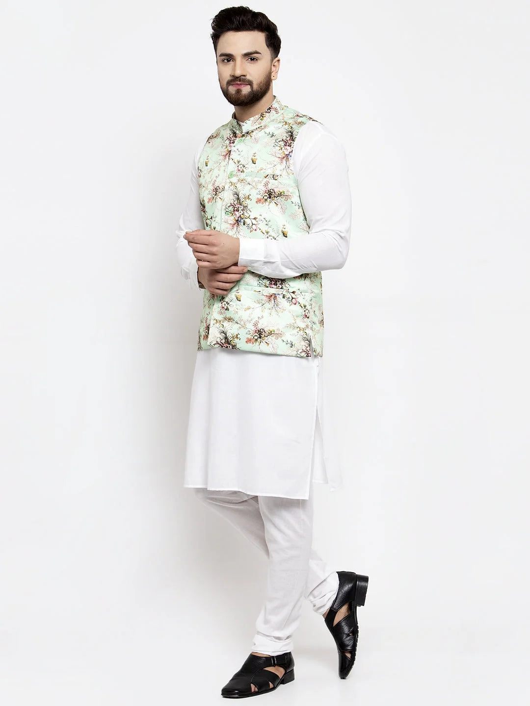 Green Printed Waistcoat Kurta Pajama | Cotton Mens Kurta Pajama