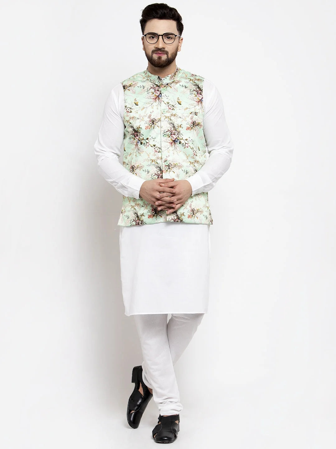 Green Printed Waistcoat Kurta Pajama | Cotton Mens Kurta Pajama