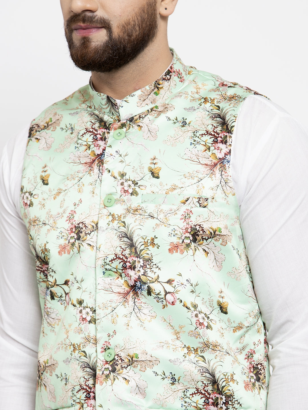 Green Printed Waistcoat Kurta Pajama | Cotton Mens Kurta Pajama
