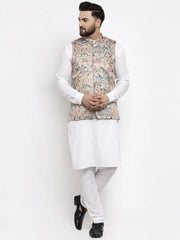 Men's Solid Cotton Kurta Pajama with Printed Waistcoat-Multi