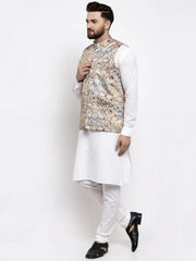 Men's Solid Cotton Kurta Pajama with Printed Waistcoat-Multi