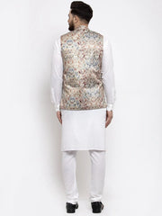 Men's Solid Cotton Kurta Pajama with Printed Waistcoat-Multi