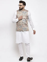 Men's Solid Cotton Kurta Pajama with Printed Waistcoat-Multi