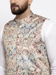 Men's Solid Cotton Kurta Pajama with Printed Waistcoat-Multi