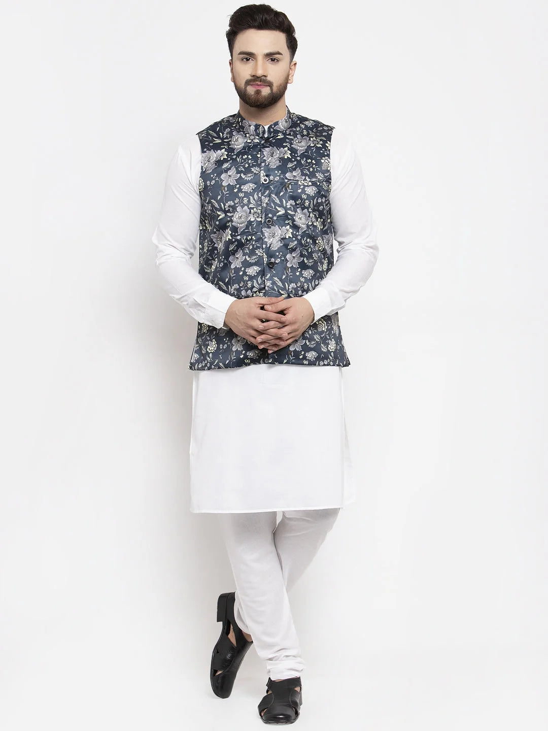Mens Kurta Pajama Set - Blue Printed Waistcoat | Cotton Kurta ...