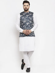 Men's Solid Cotton Kurta Pajama with Printed Waistcoat-Blue