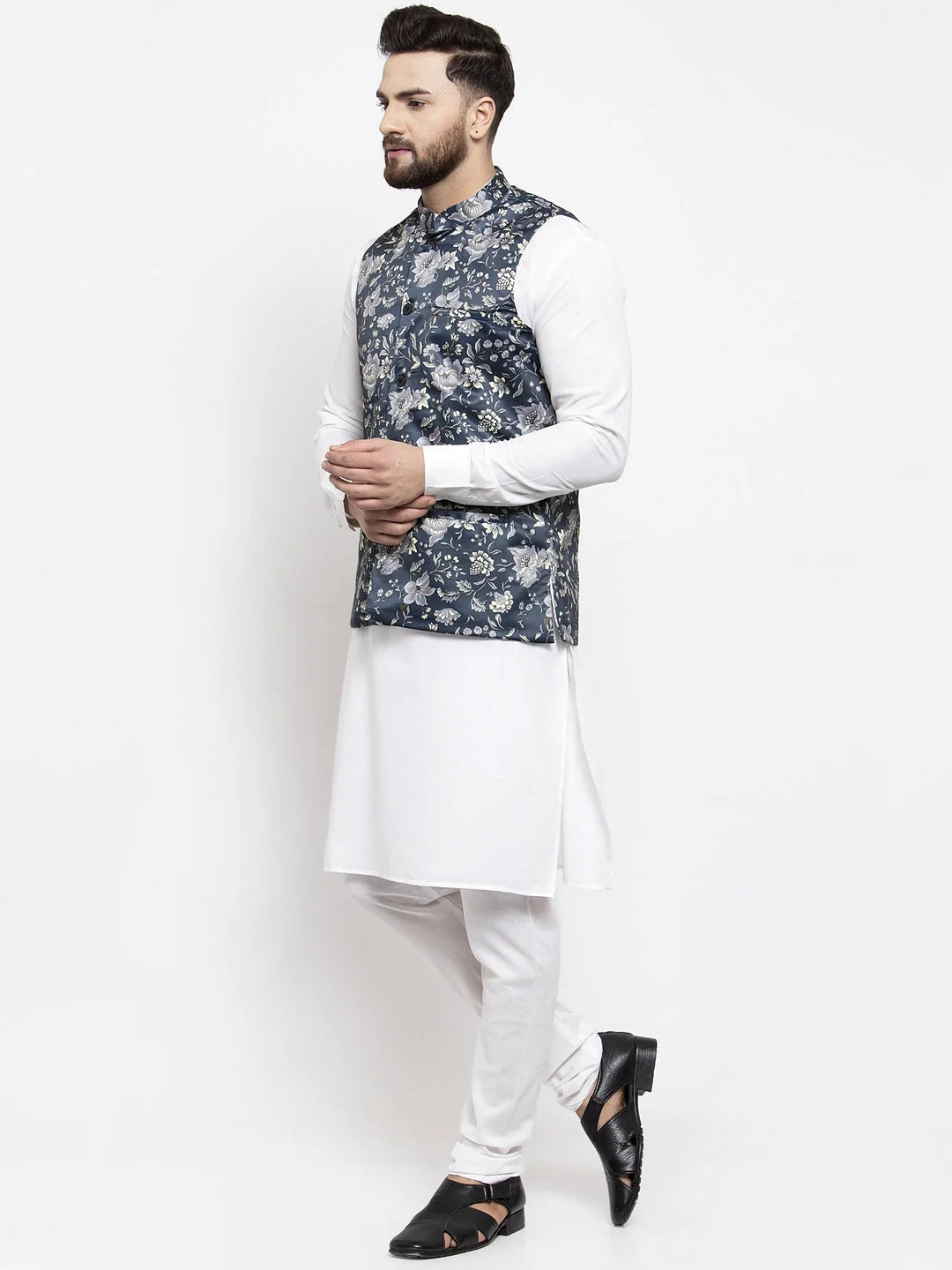 Mens Kurta Pajama Set - Blue Printed Waistcoat | Cotton Kurta ...