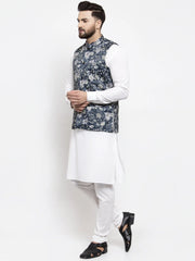 Men's Solid Cotton Kurta Pajama with Printed Waistcoat-Blue